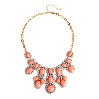 Coral Crystal Encrusted Cabochon Cluster Necklace